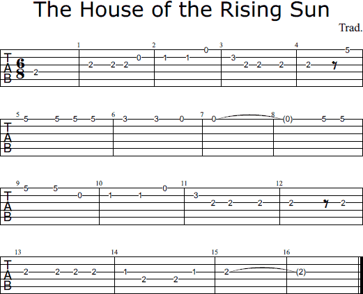 The House of the Rising Sun for guitar - chords, tablature and notes